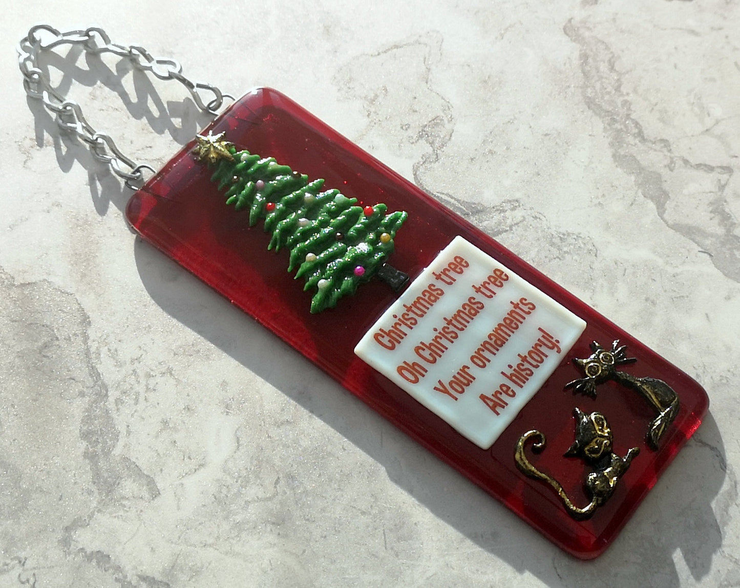 Handmade fused glass 3D Christmas cat hanging decoration, picture suncatcher, funny, humorous ornament, holiday decor, O Christmas tree bauble gift, festive present, pet cat lover.