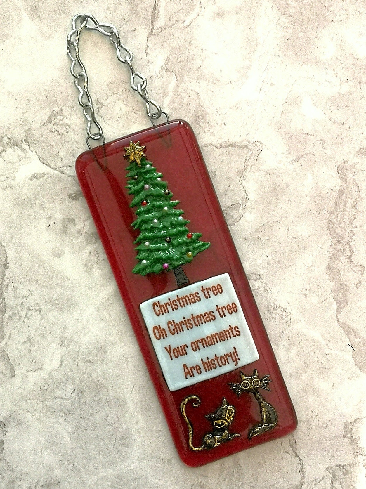 Handmade fused glass 3D Christmas cat hanging decoration, picture suncatcher, funny, humorous ornament, holiday decor, Oh Christmas tree bauble gift, festive present, pet cat lover.
