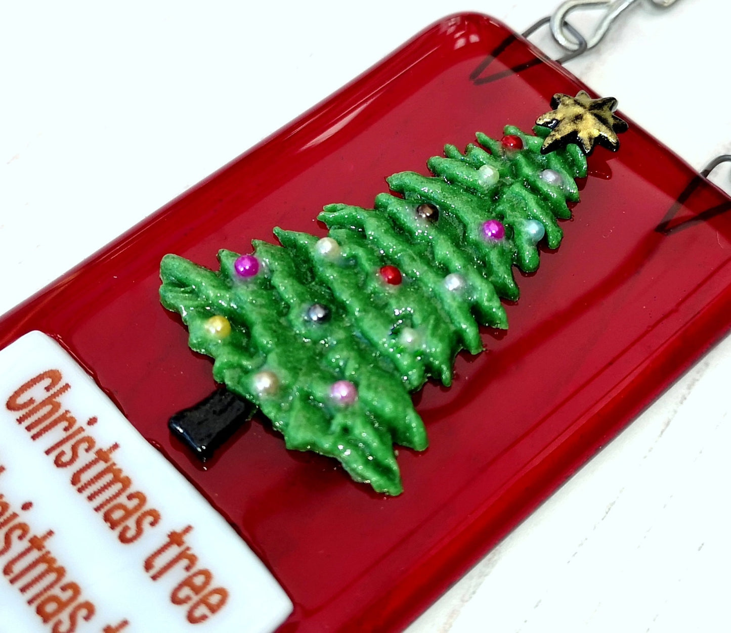 Handmade fused glass 3D Christmas cat hanging decoration, picture suncatcher, funny, humorous ornament, holiday decor, Oh Christmas tree bauble gift, festive present, pet cat lover.