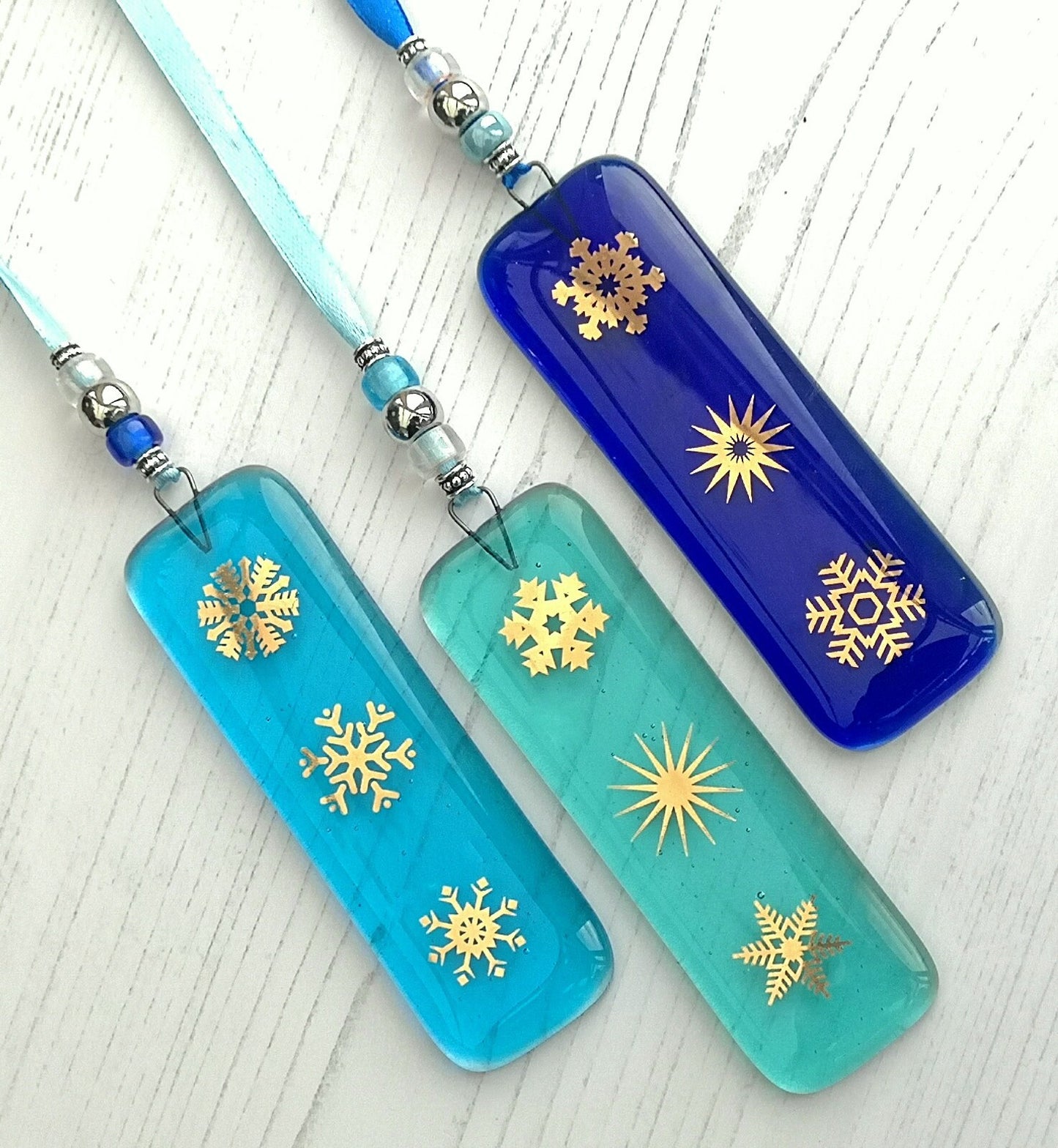 Fused glass Snowflake Hanging Decorations. Glass suncatcher, bauble ornament, holiday decor, Christmas tree gift, festive present.