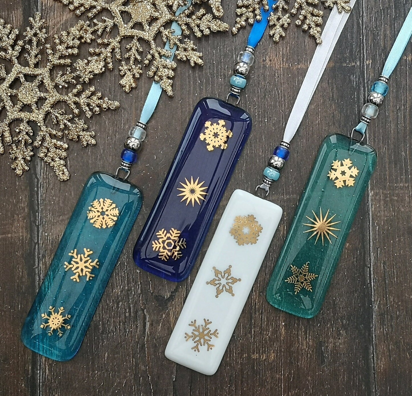 Fused glass Snowflake Hanging Decorations. Glass suncatcher, bauble ornament, holiday decor, Christmas tree gift, festive present