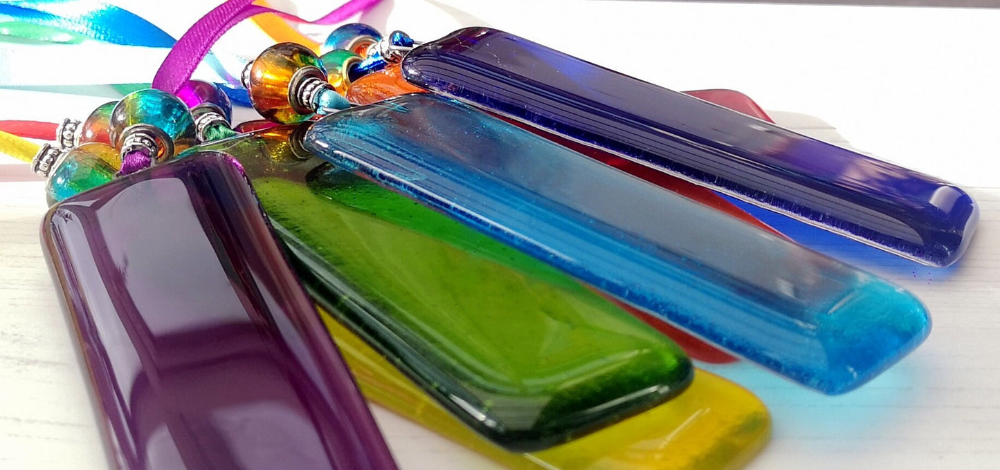 Handmade fused glass Rainbow Drops. Hanging Christmas tree decoration. Glass suncatcher bauble ornament, holiday decor gift, festive present.