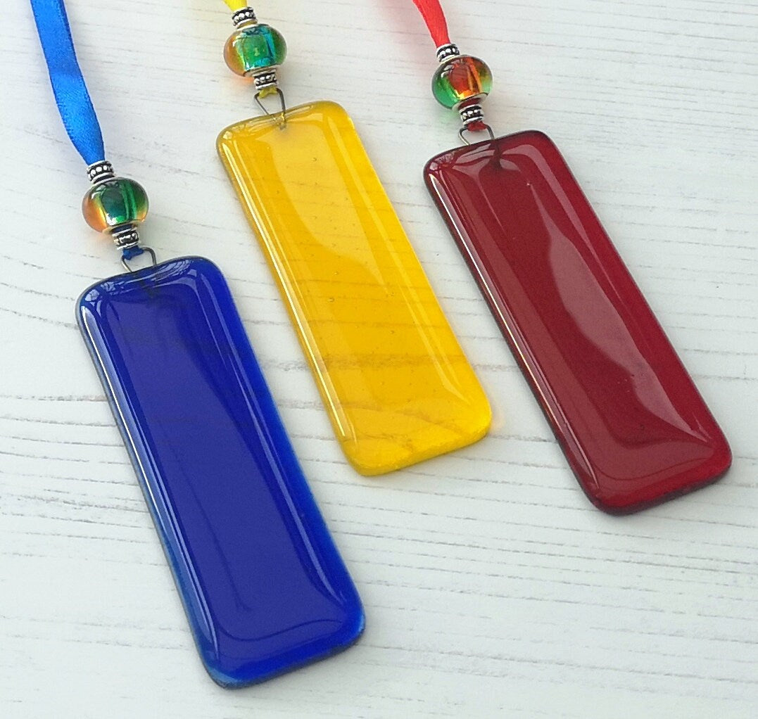 Handmade fused glass Rainbow Drops. Hanging Christmas tree decoration. Glass suncatcher bauble ornament, holiday decor gift, festive present.