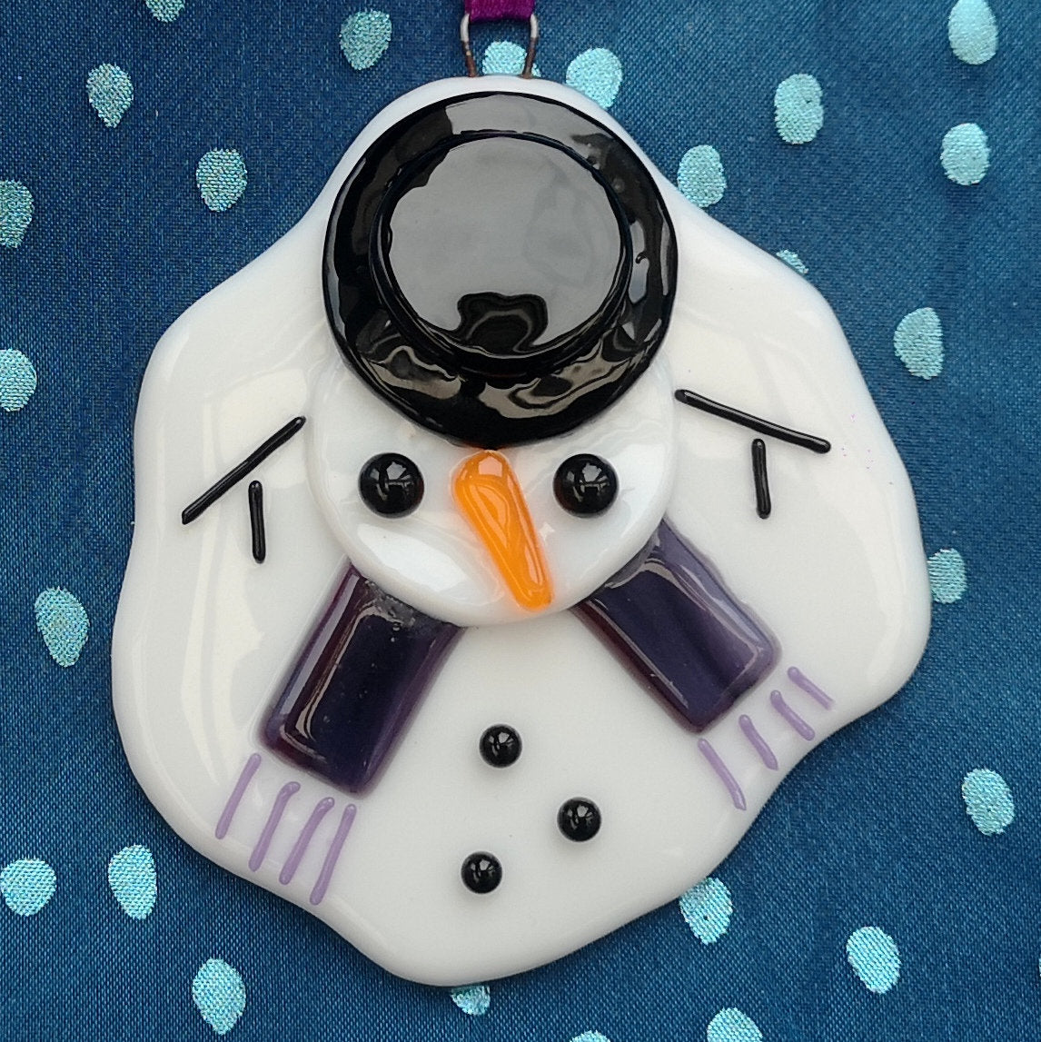 Handmade fused glass Melted Snowman Hanging Decoration, glass snow man, winter ornament, holiday decor, Christmas gift, festive present.