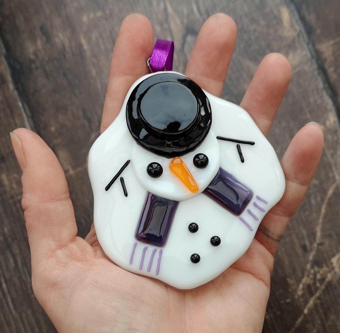 Handmade fused glass Melted Snowman Hanging Decoration, glass snow man, winter ornament, holiday decor, Christmas gift, festive present.
