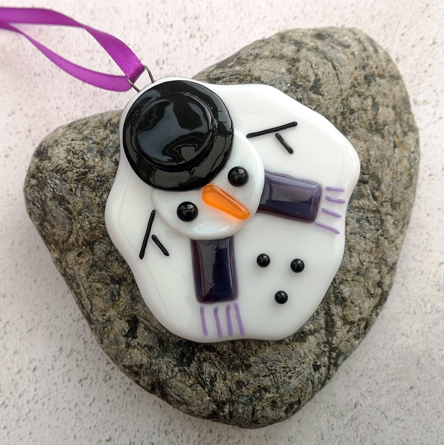 Handmade fused glass Melted Snowman Hanging Decoration, glass snow man, winter ornament, holiday decor, Christmas gift, festive present.