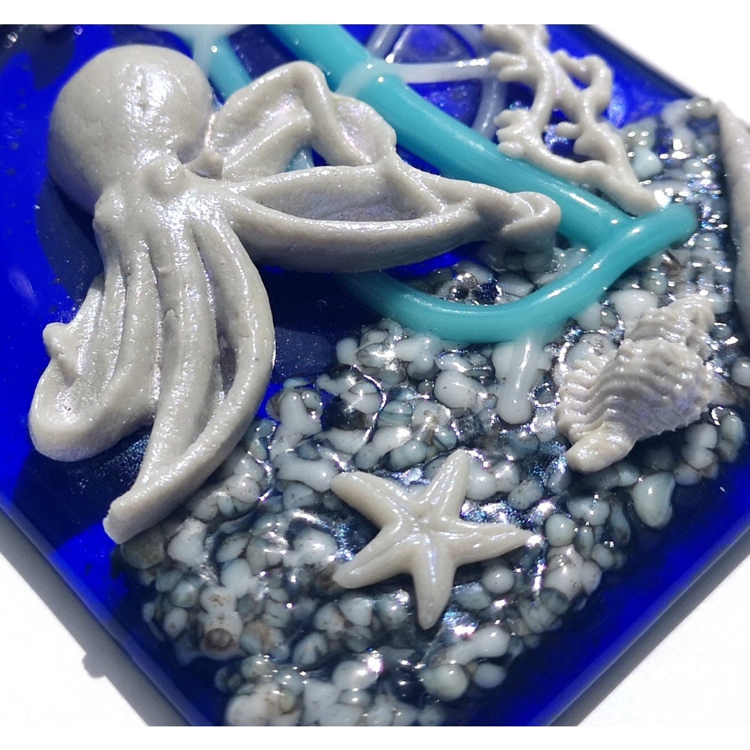 Handmade fused glass 3D Under The Sea hanging picture, suncatcher. Ocean wall art, nature, nautical gift decoration, glass fish, wave, sea shells, mermaid, sea horse.