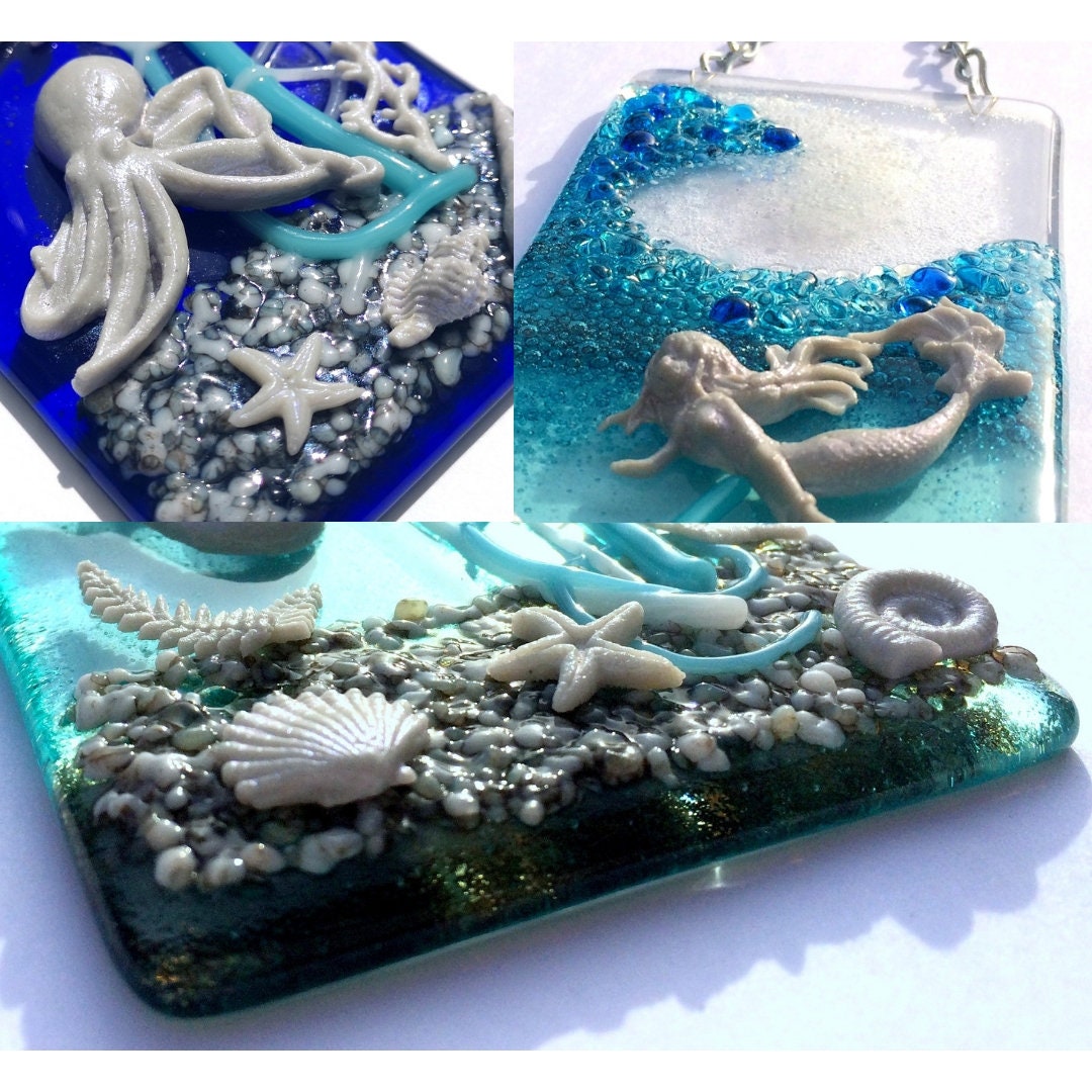 Handmade fused glass 3D Under The Sea hanging picture, suncatcher. Ocean wall art, nature, nautical gift decoration, glass fish, wave, sea shells, mermaid, sea horse.