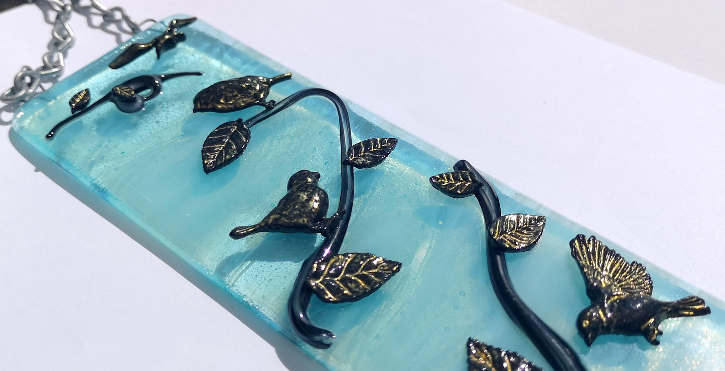 Handmade fused glass 3D Birds Hanging Picture, suncatcher. Bird wall art, nature gift, decoration ornament, tree, leaves, nesting baby bird eggs, gold silhouette highlight.