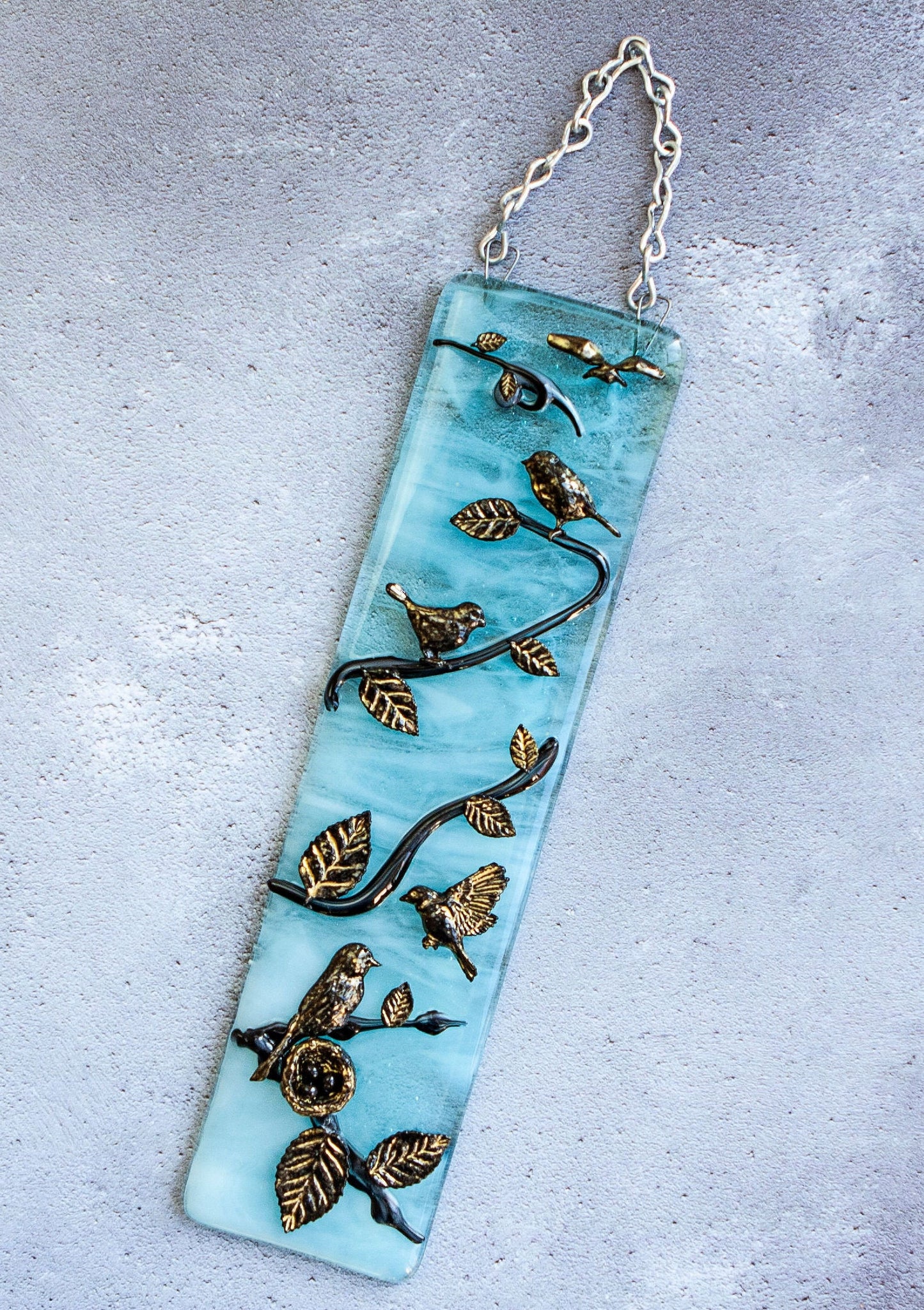 Handmade fused glass 3D Birds Hanging Picture, suncatcher. Bird wall art, nature gift, decoration ornament, tree, leaves, nesting baby bird eggs, gold silhouette highlight.