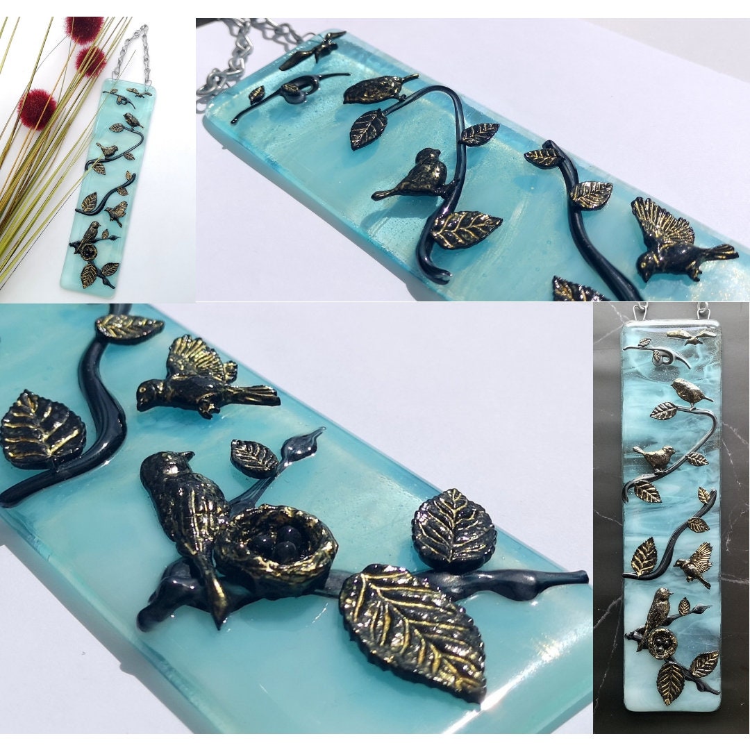 Handmade fused glass 3D Birds Hanging Picture, suncatcher. Bird wall art, nature gift, decoration ornament, tree, leaves, nesting baby bird eggs, gold silhouette highlight.