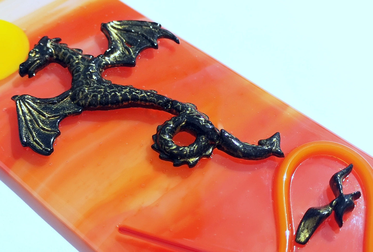 Handmade fused glass 3D Dragons Hanging Picture Suncatcher. Sunset wall art, present, gift fantasy decoration. Dragon mythical creatures.
