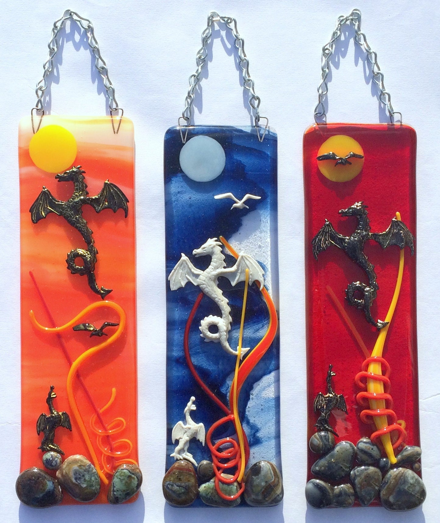 Handmade fused glass 3D Dragons Hanging Picture Suncatcher. Sunset wall art, present, gift fantasy decoration. Dragon mythical creatures.