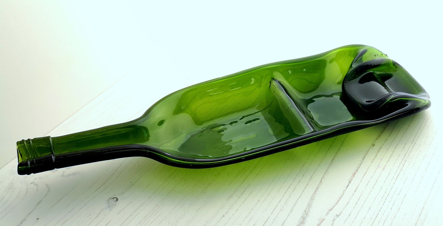 Handmade fused glass Two Part, Split Section Recycled Wine Bottle Dish. Squashed, slumped bottle serving plate. Eco gift, zero waste, reclaimed, upcycled glass bowl. Dual condiment.