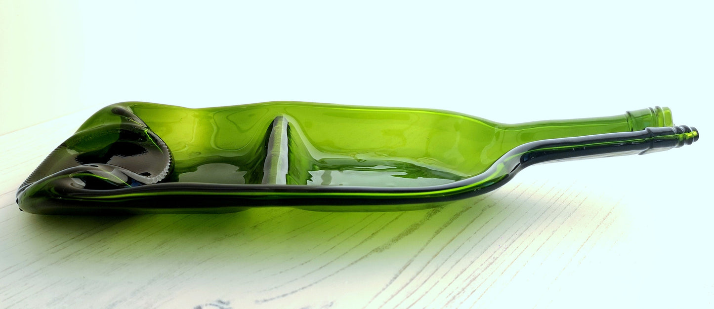 Handmade fused glass Two Part, Split Section Recycled Wine Bottle Dish. Squashed, slumped bottle serving plate. Eco gift, zero waste, reclaimed, upcycled glass bowl. Dual condiment.
