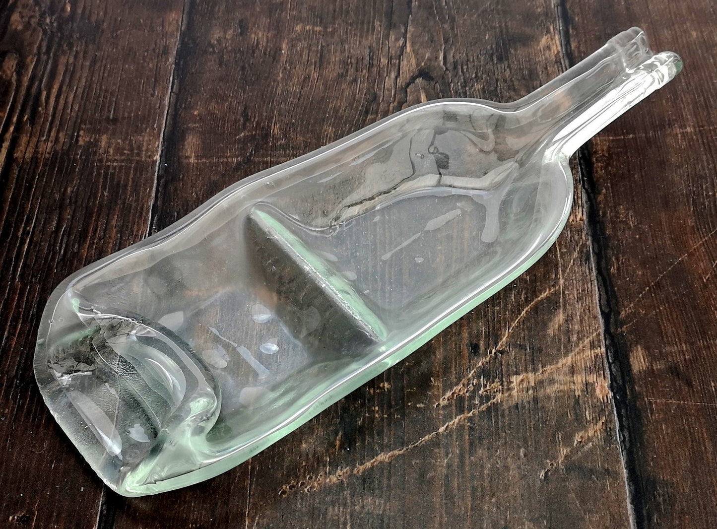 Handmade fused glass Two Part, Split Section Recycled Wine Bottle Dish. Squashed, slumped bottle serving plate. Eco gift, zero waste, reclaimed, upcycled glass bowl.