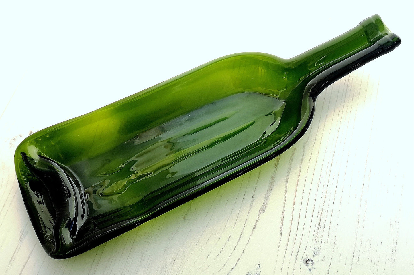 Handmade fused glass Recycled Wine Bottle Dish. Squashed, slumped bottle serving plate. Eco gift, zero waste, reclaimed, upcycled glass bowl.
