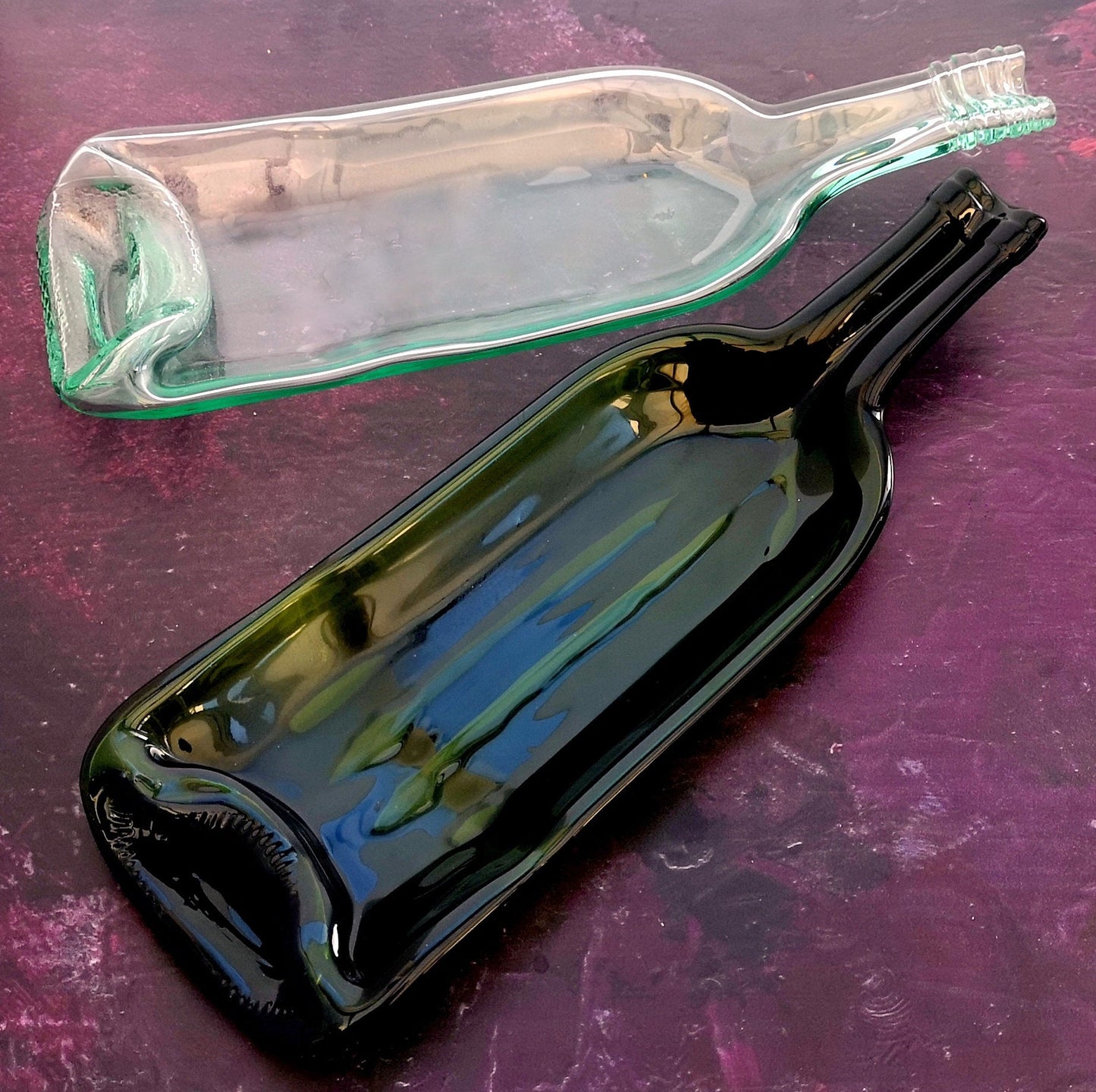 Handmade fused glass Recycled Wine Bottle Dish. Squashed, slumped bottle serving plate. Eco gift, zero waste, reclaimed, upcycled glass bowl.