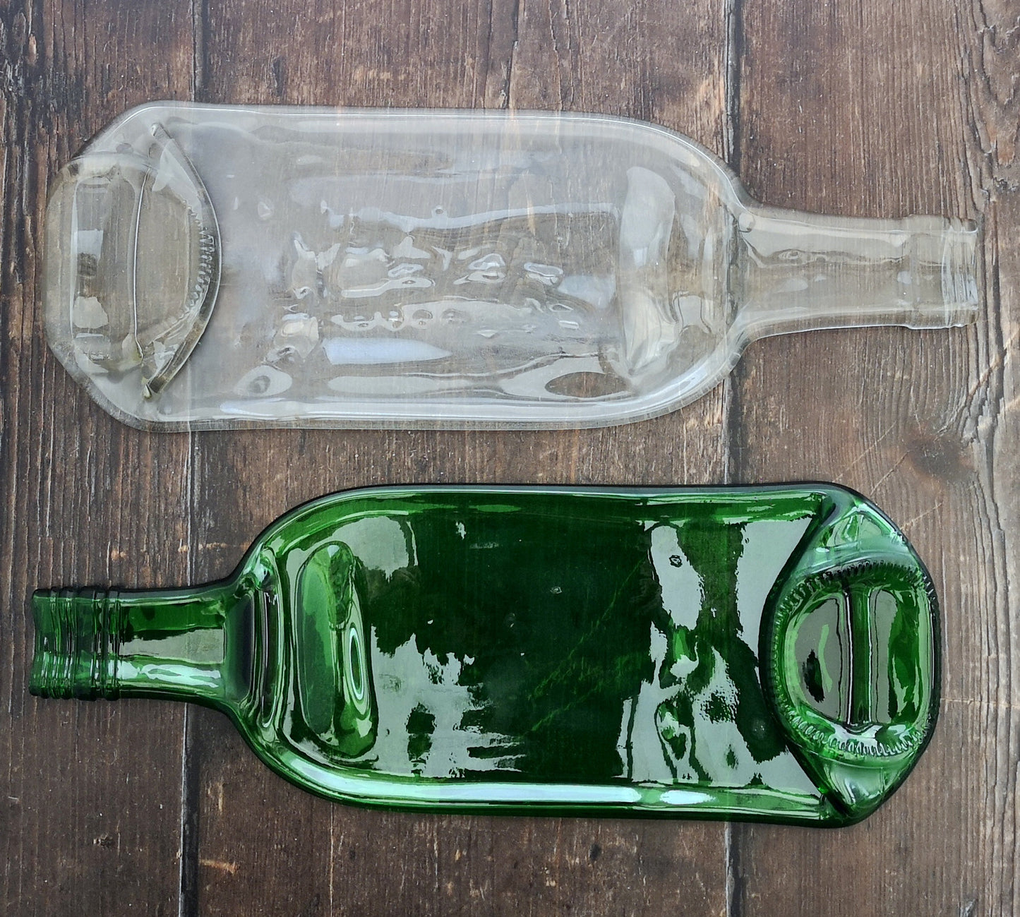 Handmade fused glass Recycled Wine / Beer Bottle Plate. Squashed, slumped bottle serving dish. Eco gift, zero waste, reclaimed, upcycled glass platter.