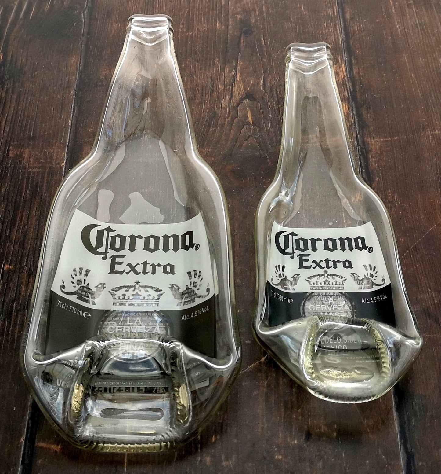Handmade fused glass Recycled Beer / Cola / Corona Bottle Dish. Squashed, slumped bottle serving plate. Eco gift, zero waste, reclaimed, upcycled glass bowl.