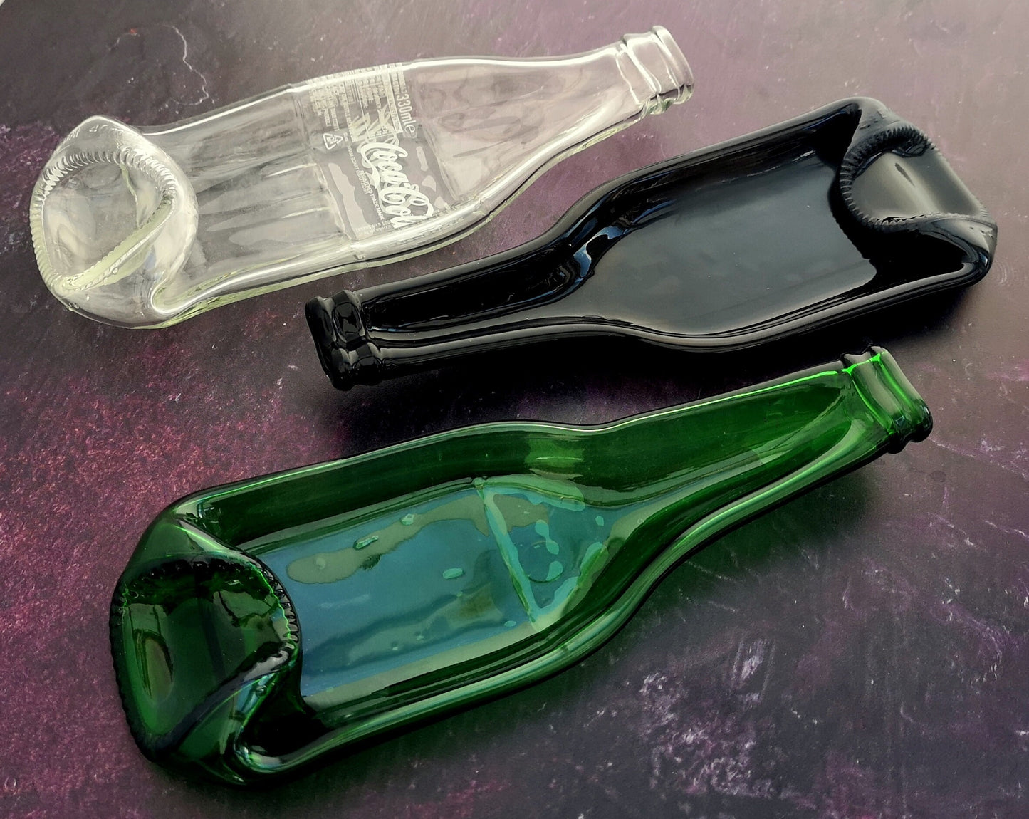 Handmade fused glass Recycled Beer / Cola / Corona Bottle Dish. Squashed, slumped bottle serving plate. Eco gift, zero waste, reclaimed, upcycled glass bowl.