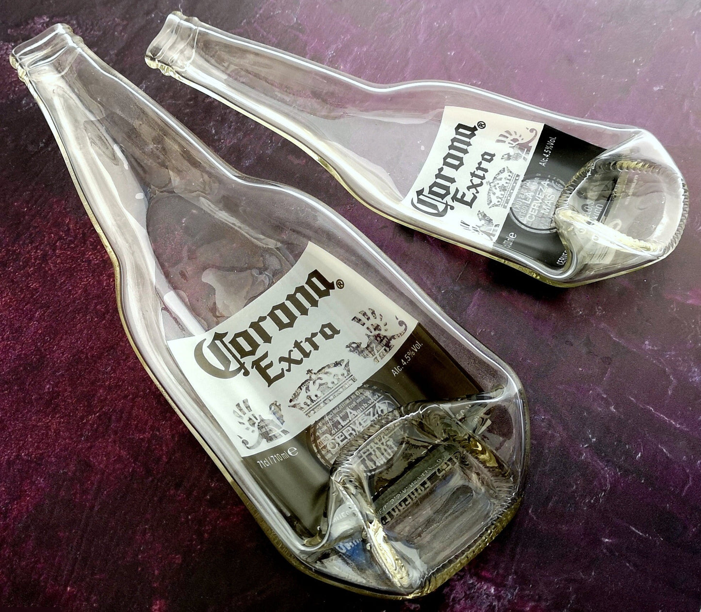 Handmade fused glass Recycled Beer / Cola / Corona Bottle Dish. Squashed, slumped bottle serving plate. Eco gift, zero waste, reclaimed, upcycled glass bowl.