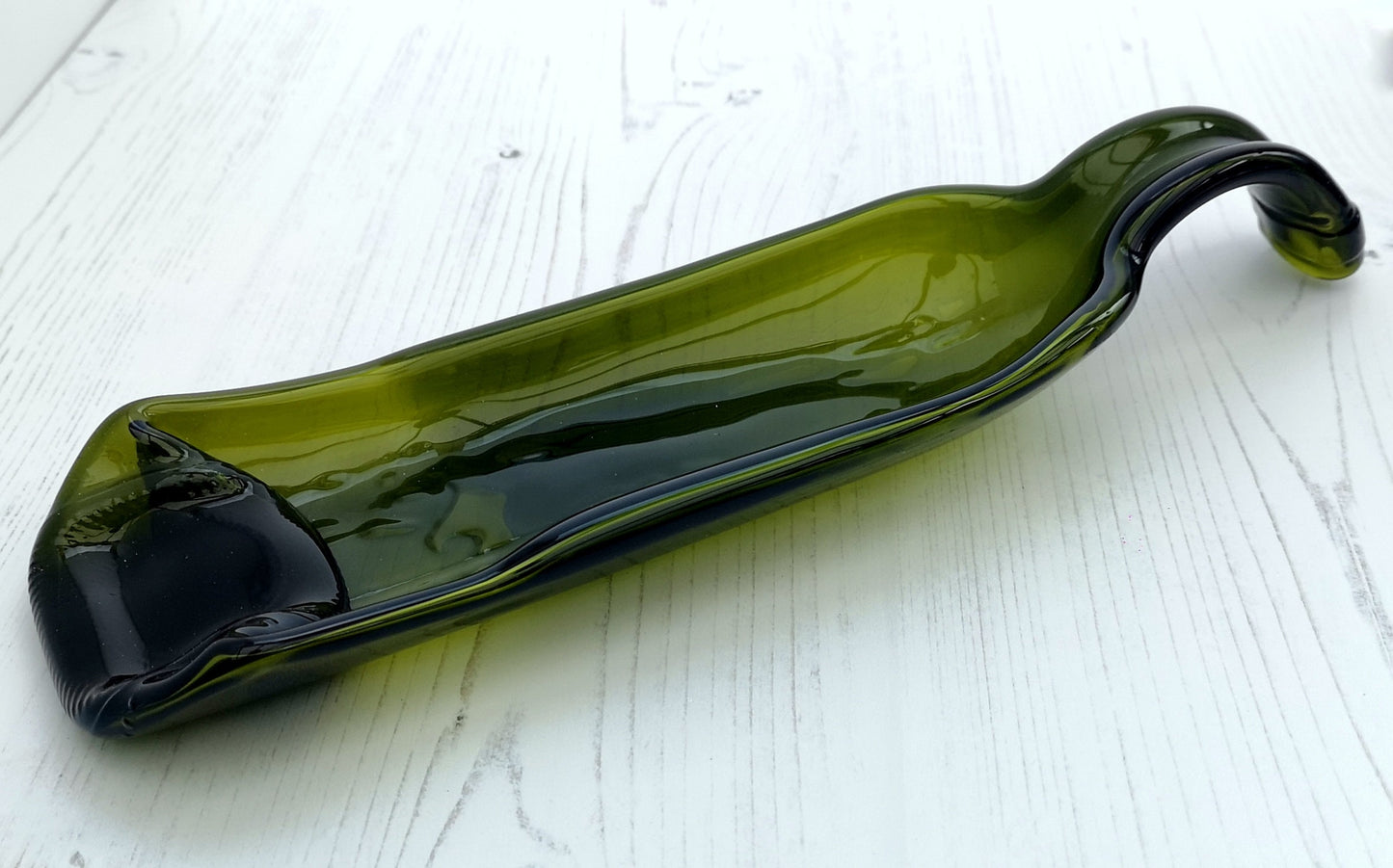 Handmade fused glass Recycled Wine Bottle Dish with curved handle. Squashed, slumped bottle serving plate. Eco gift, zero waste, reclaimed, upcycled glass bowl.