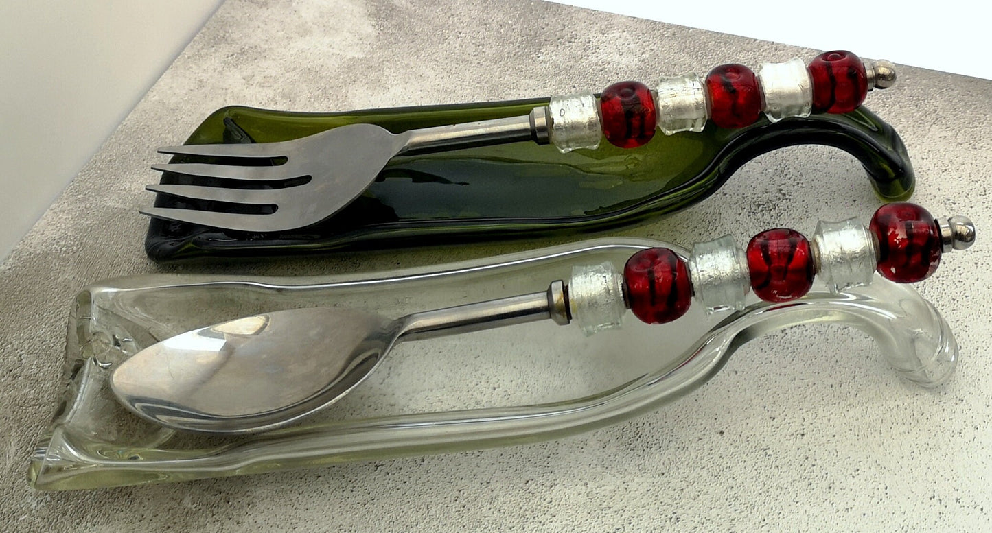 Handmade fused glass Recycled Wine Bottle Dish with curved handle. Squashed, slumped bottle serving plate. Eco gift, zero waste, reclaimed, upcycled glass bowl.