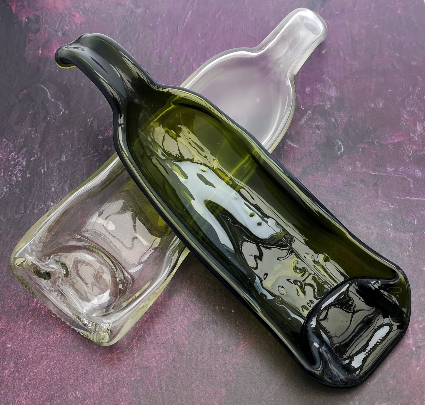 Handmade fused glass Recycled Wine Bottle Dish with curved handle. Squashed, slumped bottle serving plate. Eco gift, zero waste, reclaimed, upcycled glass bowl.
