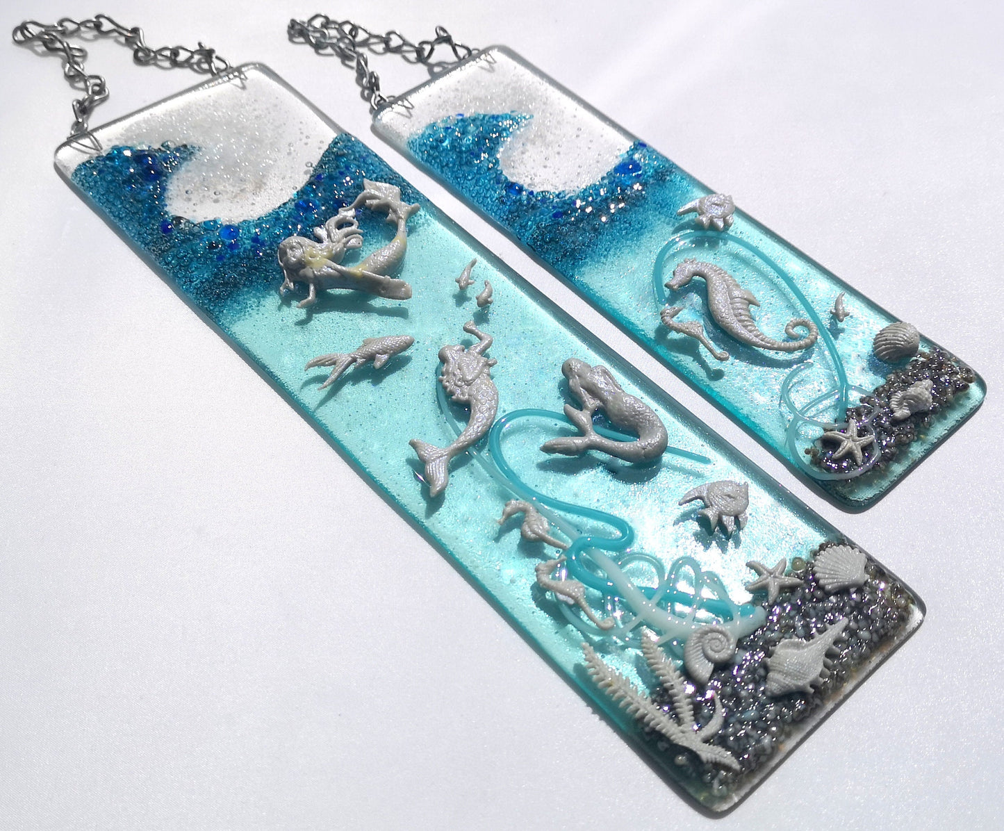 Handmade fused glass 3D Under The Sea hanging picture, suncatcher. Ocean wall art, nature, nautical gift decoration, glass fish, wave, sea shells, mermaid, sea horse.