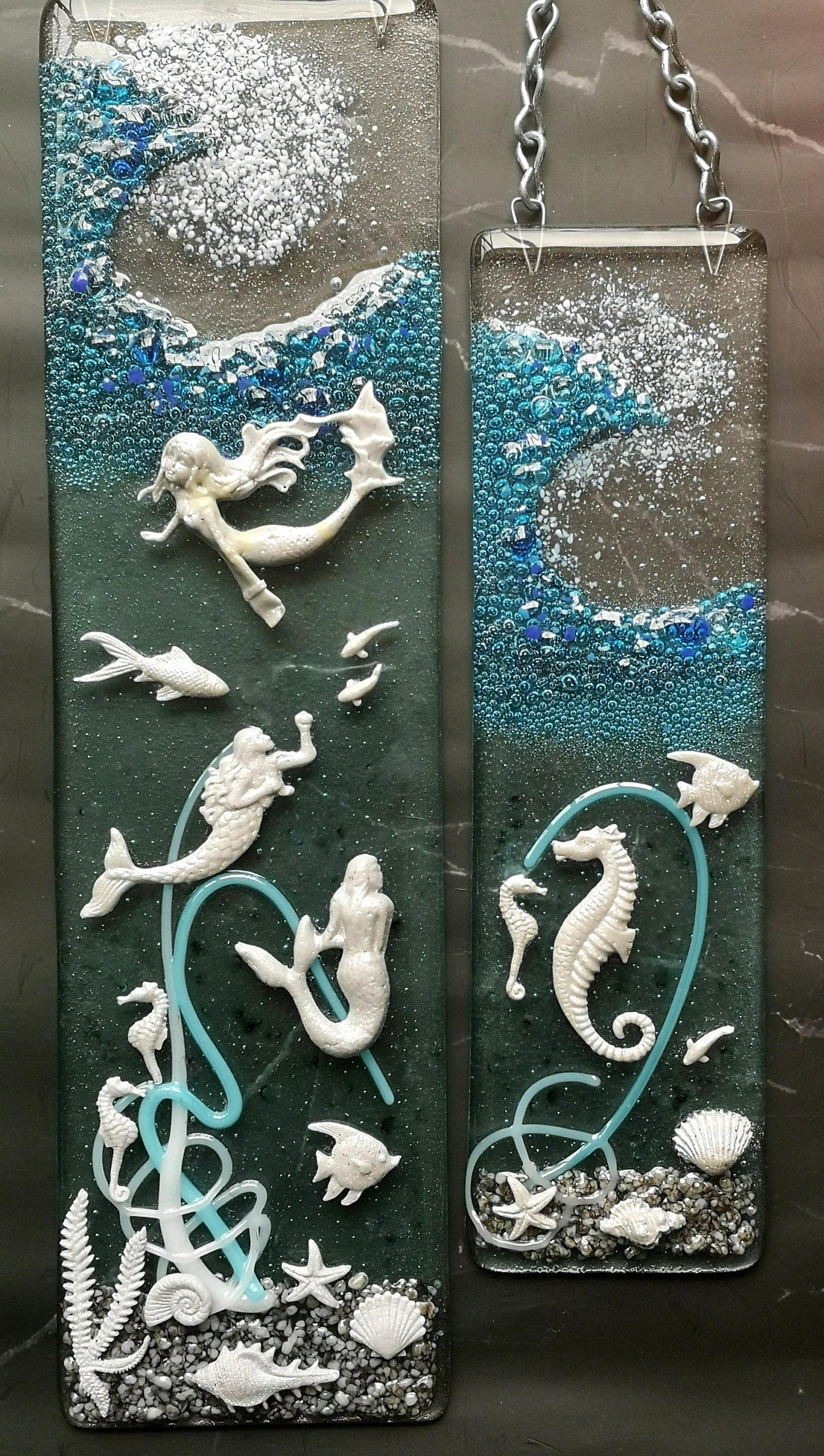 Handmade fused glass 3D Under The Sea hanging picture, suncatcher. Ocean wall art, nature, nautical gift decoration, glass fish, wave, sea shells, mermaid, sea horse.