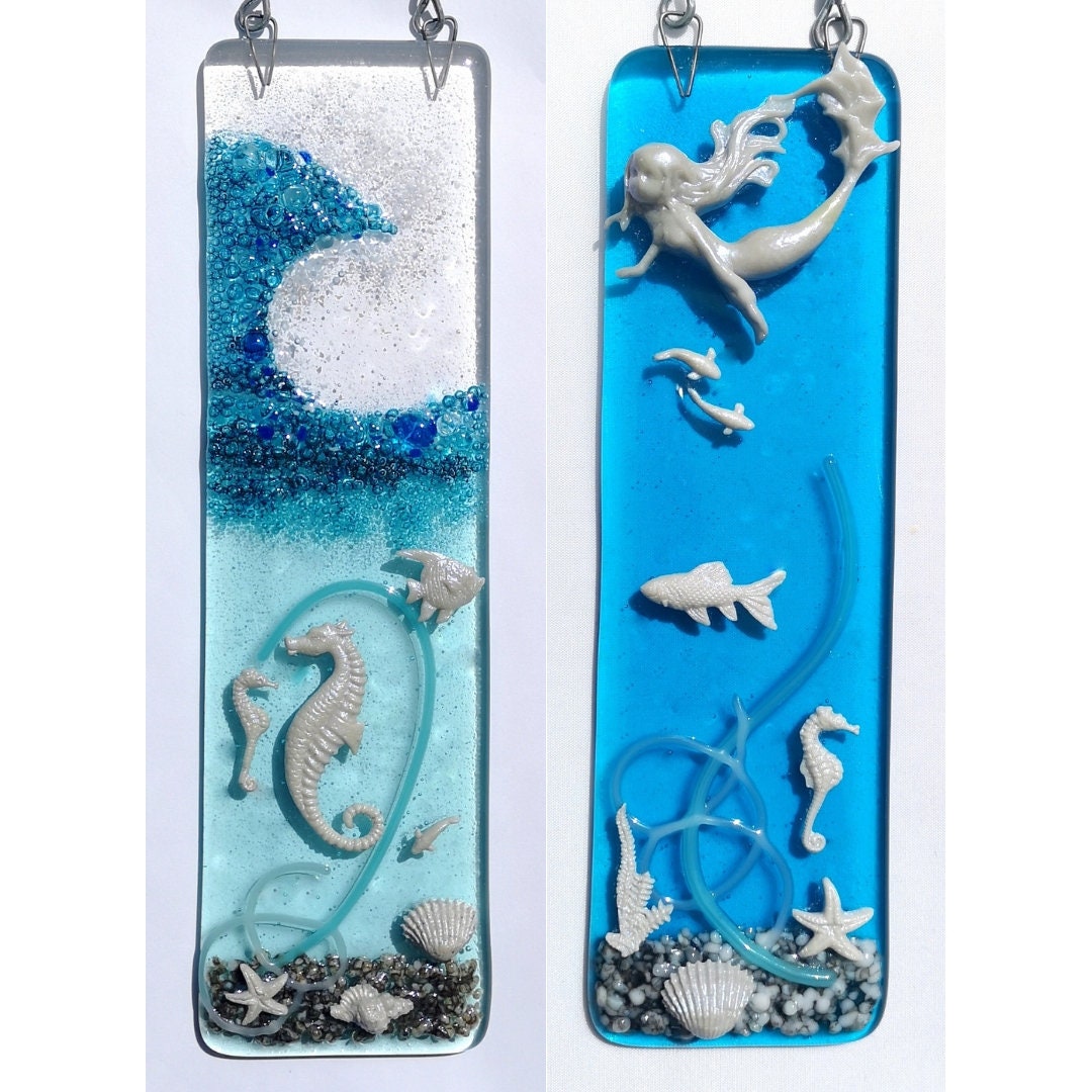 Handmade fused glass 3D Under The Sea hanging picture, suncatcher. Ocean wall art, nature, nautical gift decoration, glass fish, wave, sea shells, mermaid, sea horse.