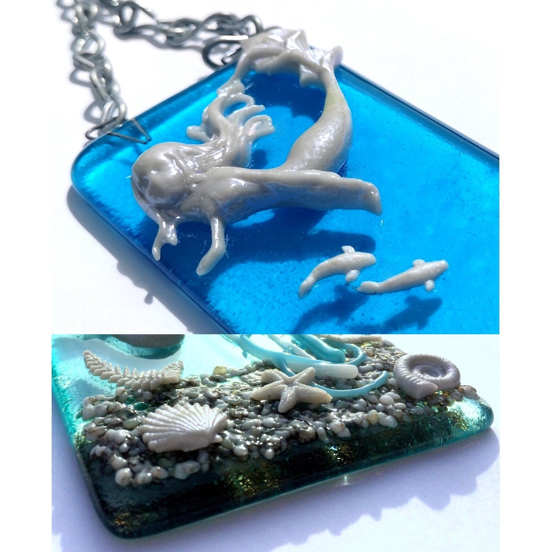 Handmade fused glass 3D Under The Sea hanging picture, suncatcher. Ocean wall art, nature, nautical gift decoration, glass fish, wave, sea shells, mermaid, sea horse.