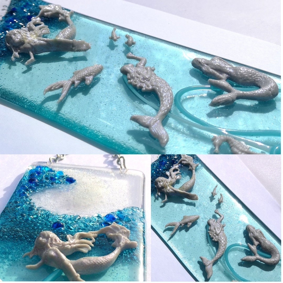 Handmade fused glass 3D Under The Sea hanging picture, suncatcher. Ocean wall art, nature, nautical gift decoration, glass fish, wave, sea shells, mermaid, sea horse.