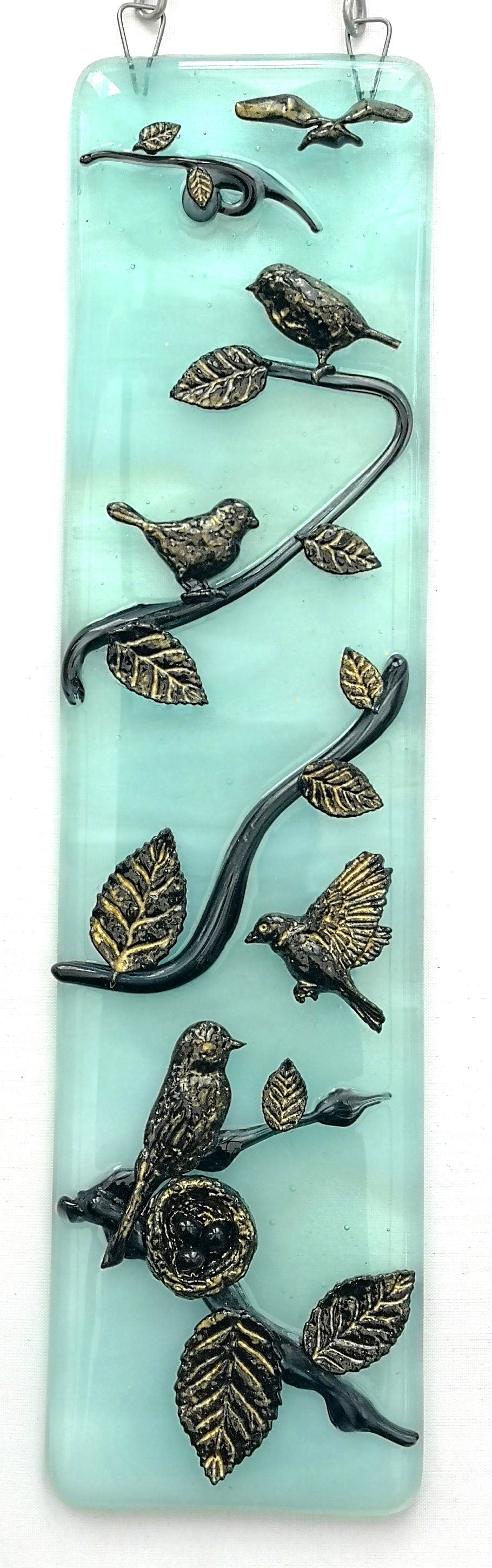 Handmade fused glass 3D Birds Hanging Picture, suncatcher. Bird wall art, nature gift, decoration ornament, tree, leaves, nesting baby bird eggs, gold silhouette highlight.