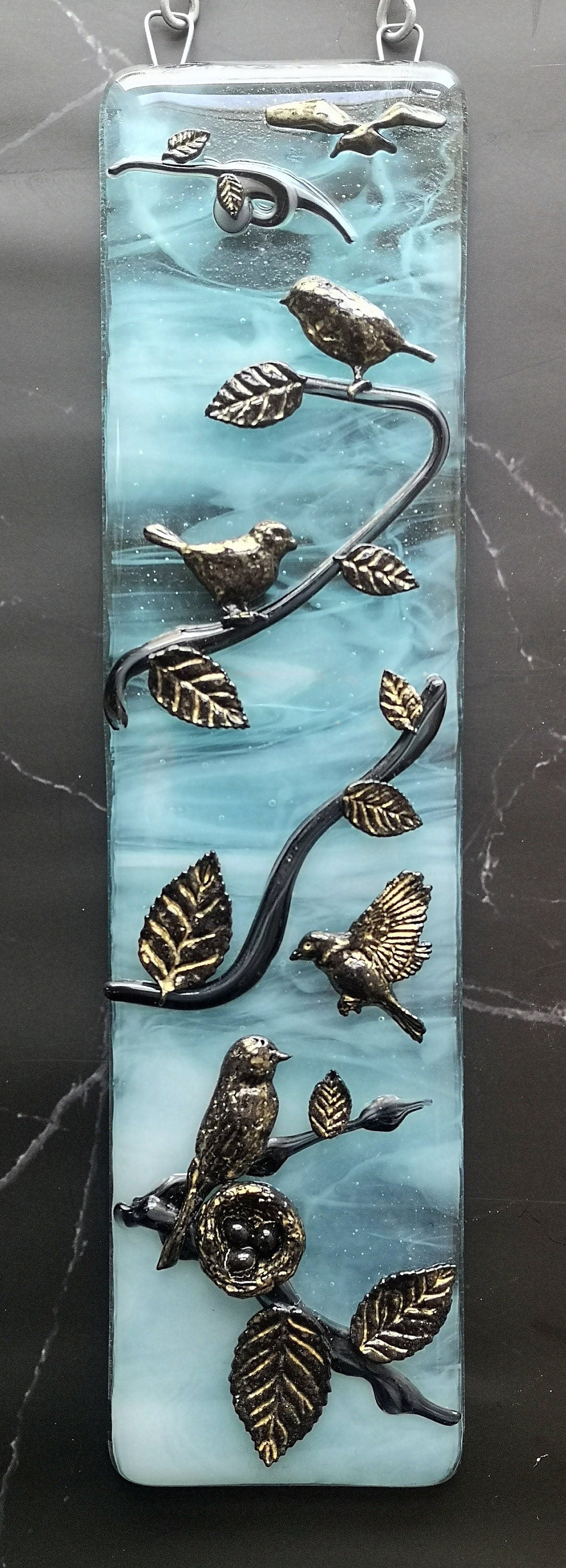 Handmade fused glass 3D Birds Hanging Picture, suncatcher. Bird wall art, nature gift, decoration ornament, tree, leaves, nesting baby bird eggs, gold silhouette highlight.