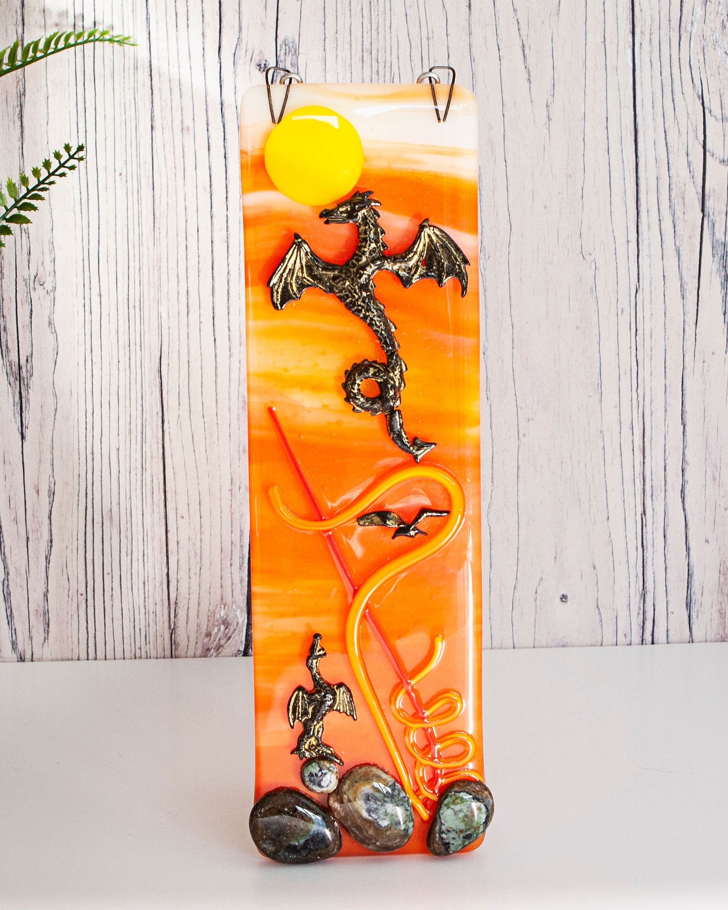 Handmade fused glass 3D Dragons Hanging Picture Suncatcher. Sunset wall art, present, gift fantasy decoration. Dragon mythical creatures.