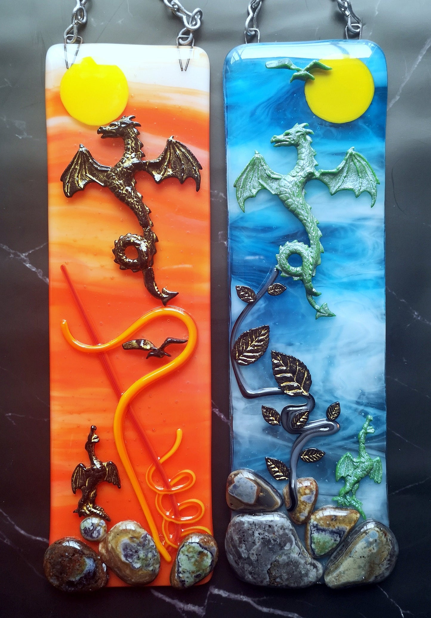 Handmade fused glass 3D Dragons Hanging Picture Suncatcher. Sunset wall art, present, gift fantasy decoration. Dragon mythical creatures.