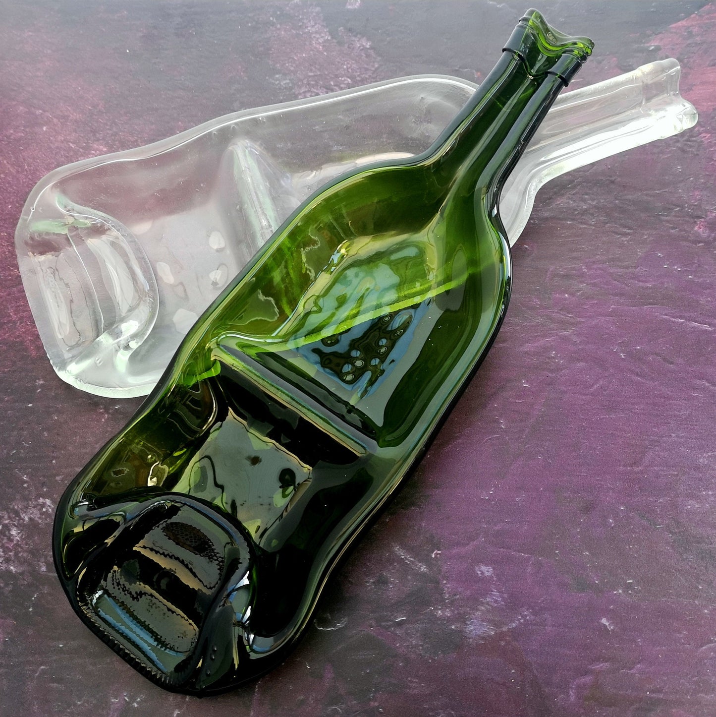 Handmade fused glass Two Part, Split Section Recycled Wine Bottle Dish. Squashed, slumped bottle serving plate. Eco gift, zero waste, reclaimed, upcycled glass bowl. Dual condiment.