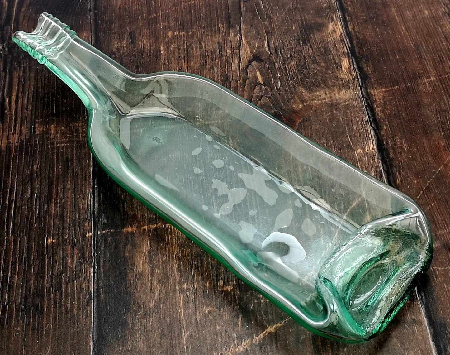 Handmade fused glass Recycled Wine Bottle Dish. Squashed, slumped bottle serving plate. Eco gift, zero waste, reclaimed, upcycled glass bowl.