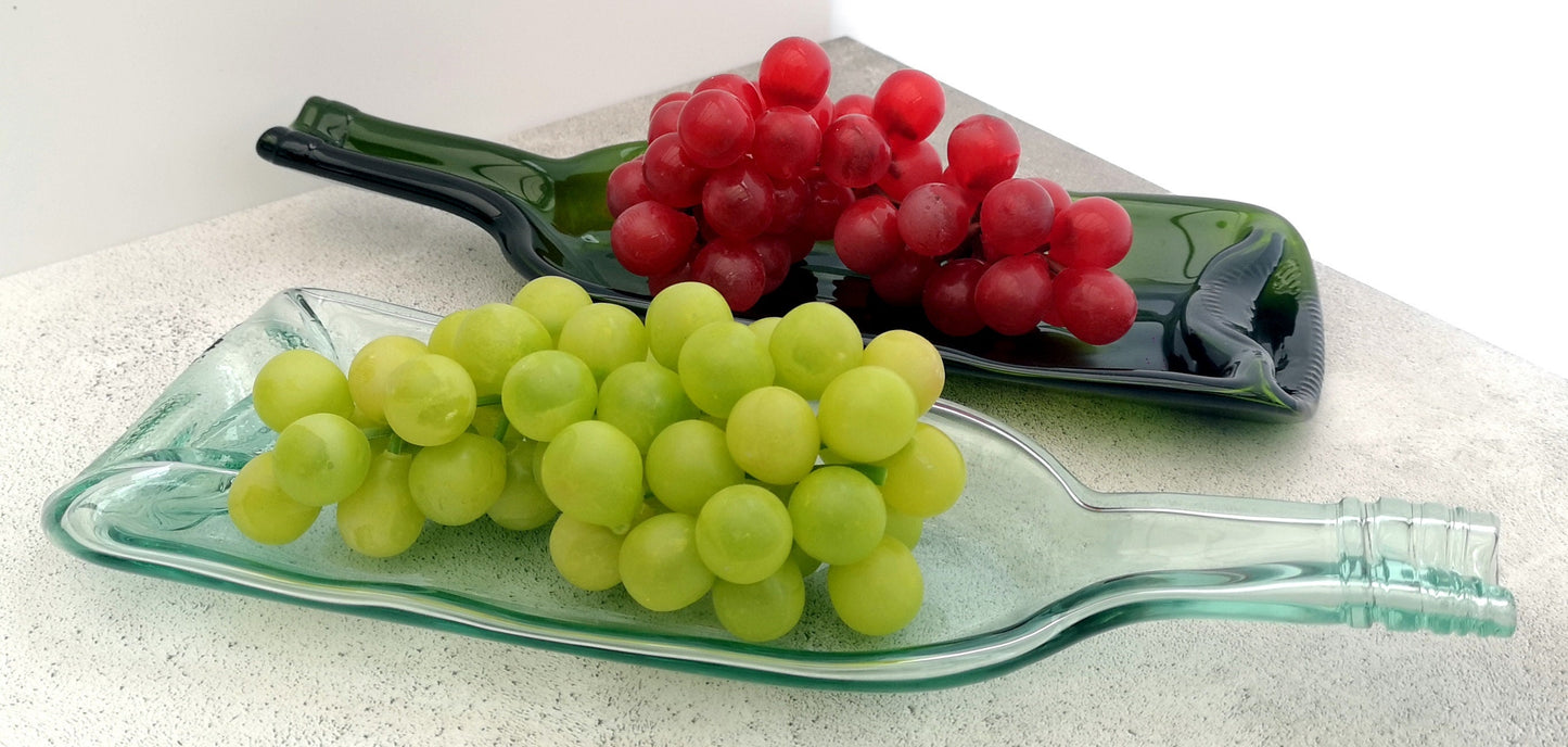 Handmade fused glass Recycled Wine Bottle Dish. Squashed, slumped bottle serving plate. Eco gift, zero waste, reclaimed, upcycled glass bowl.