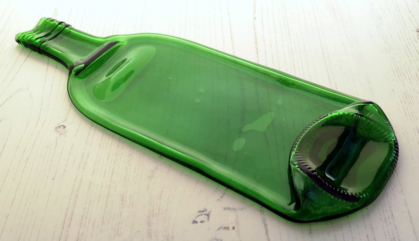 Handmade fused glass Recycled Wine / Beer Bottle Plate. Squashed, slumped bottle serving dish. Eco gift, zero waste, reclaimed, upcycled glass platter.