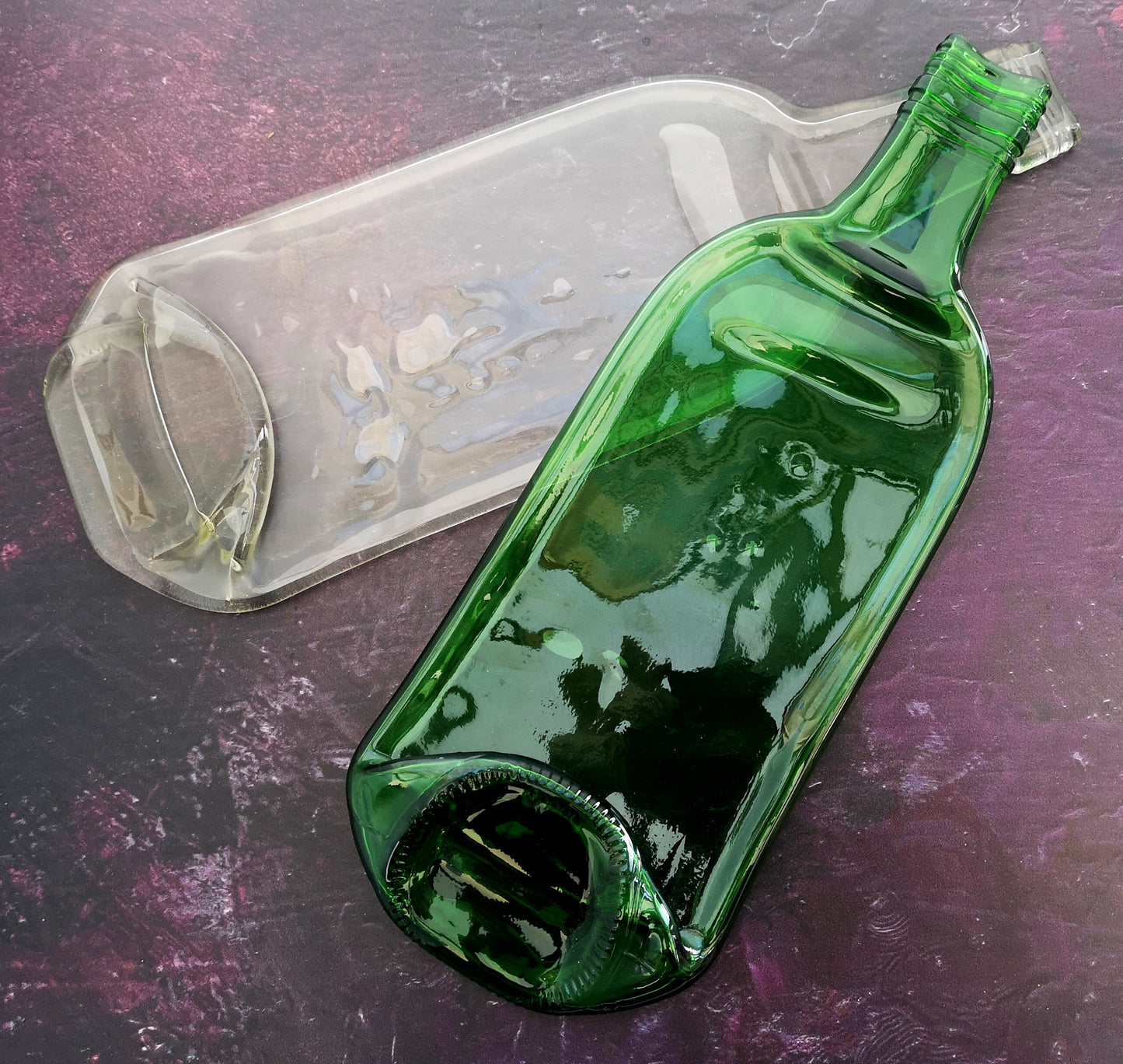 Handmade fused glass Recycled Wine / Beer Bottle Plate. Squashed, slumped bottle serving dish. Eco gift, zero waste, reclaimed, upcycled glass platter.