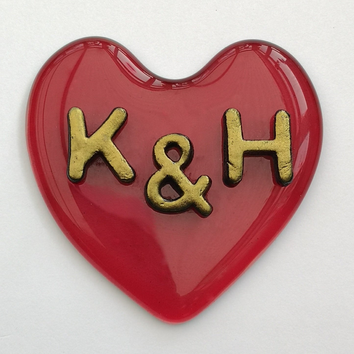 Handmade fused glass Red Personalised Love Heart Hanging Decoration. Valentine suncatcher gift. Romantic, love, message from the heart present. Girlfriend, boyfriend, partner, husband, wife keepsake, wedding, engagement gift.