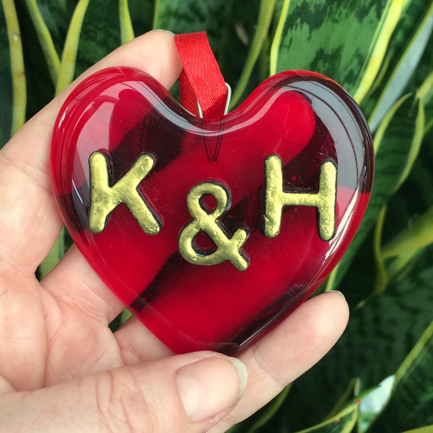 Handmade fused glass Red Personalised Love Heart Hanging Decoration. Valentine suncatcher gift. Romantic, love, message from the heart present. Girlfriend, boyfriend, partner, husband, wife keepsake, wedding, engagement gift.
