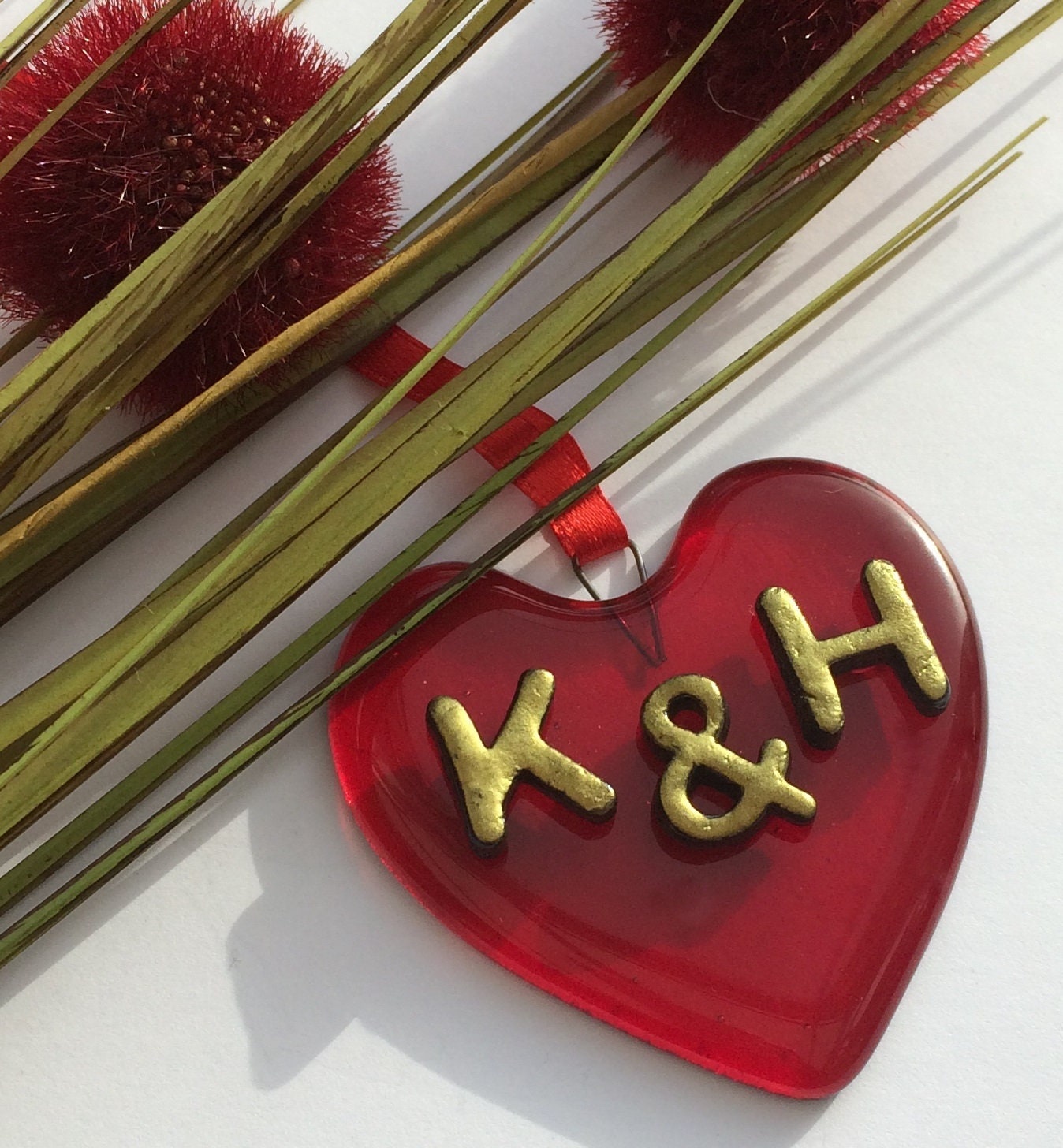 Handmade fused glass Red Personalised Love Heart Hanging Decoration. Valentine suncatcher gift. Romantic, love, message from the heart present. Girlfriend, boyfriend, partner, husband, wife keepsake, wedding, engagement gift.