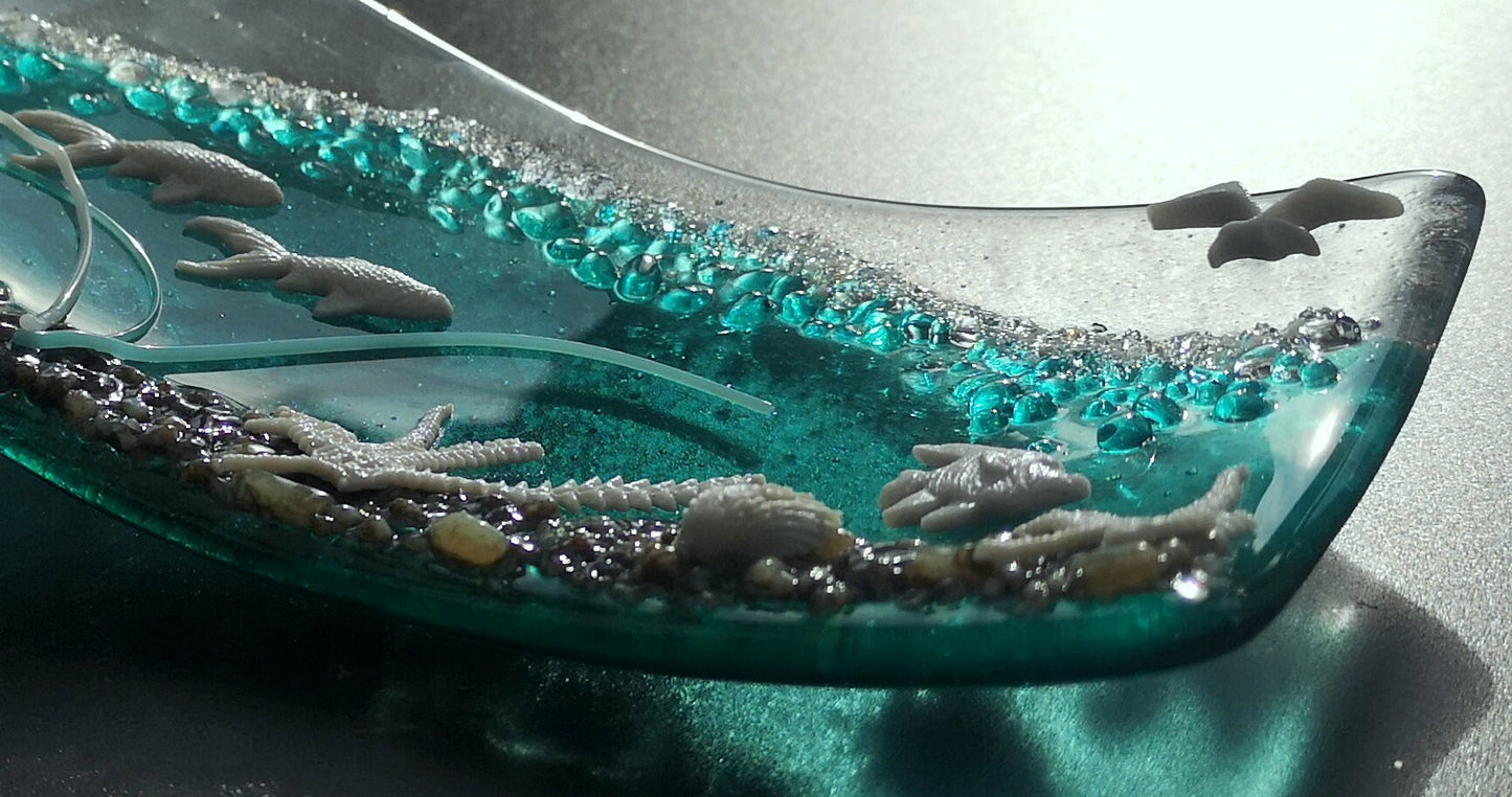 Handmade fused glass 3D Under The Sea free standing curved picture, suncatcher. Ocean art, nature, nautical gift decoration, glass fish, wave, sea shells.