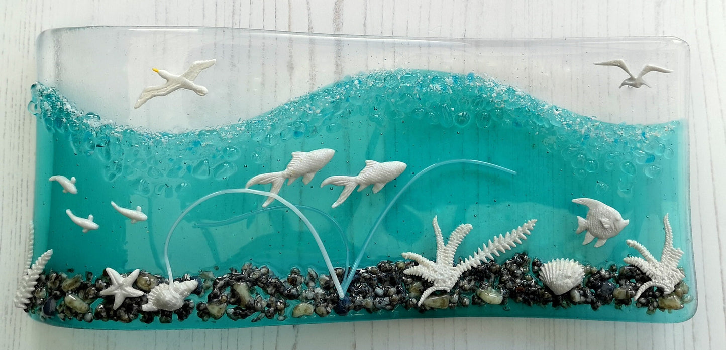 Handmade fused glass 3D Under The Sea free standing curved picture, suncatcher. Ocean art, nature, nautical gift decoration, glass fish, wave, sea shells.