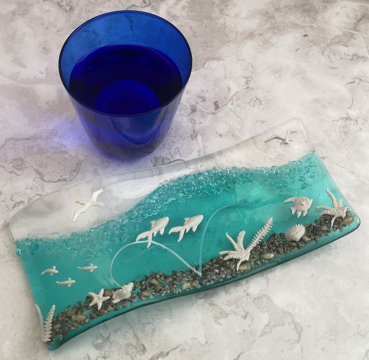 Handmade fused glass 3D Under The Sea free standing curved picture, suncatcher. Ocean art, nature, nautical gift decoration, glass fish, wave, sea shells.