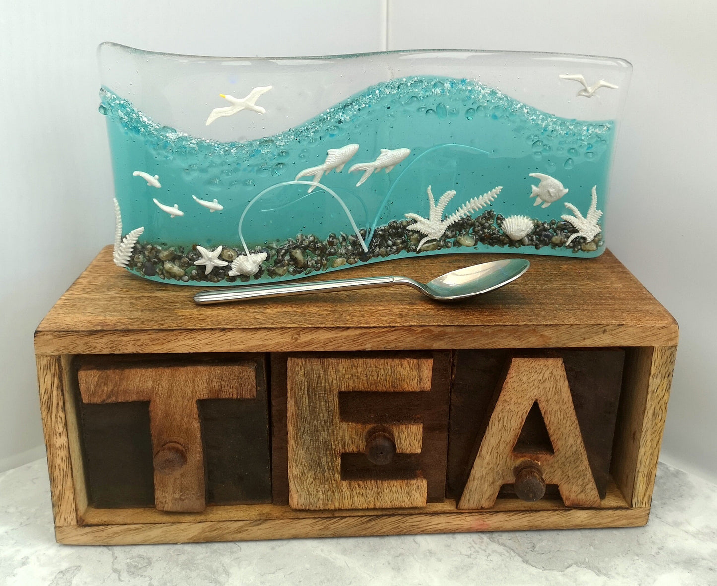 Handmade fused glass 3D Under The Sea free standing curved picture, suncatcher. Ocean art, nature, nautical gift decoration, glass fish, wave, sea shells.